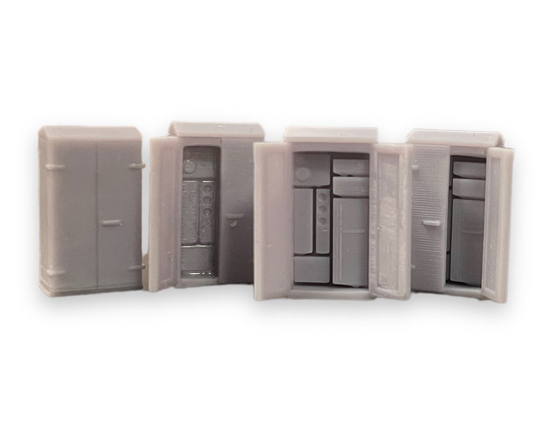 Relay cabinets with open doors for oo model railway